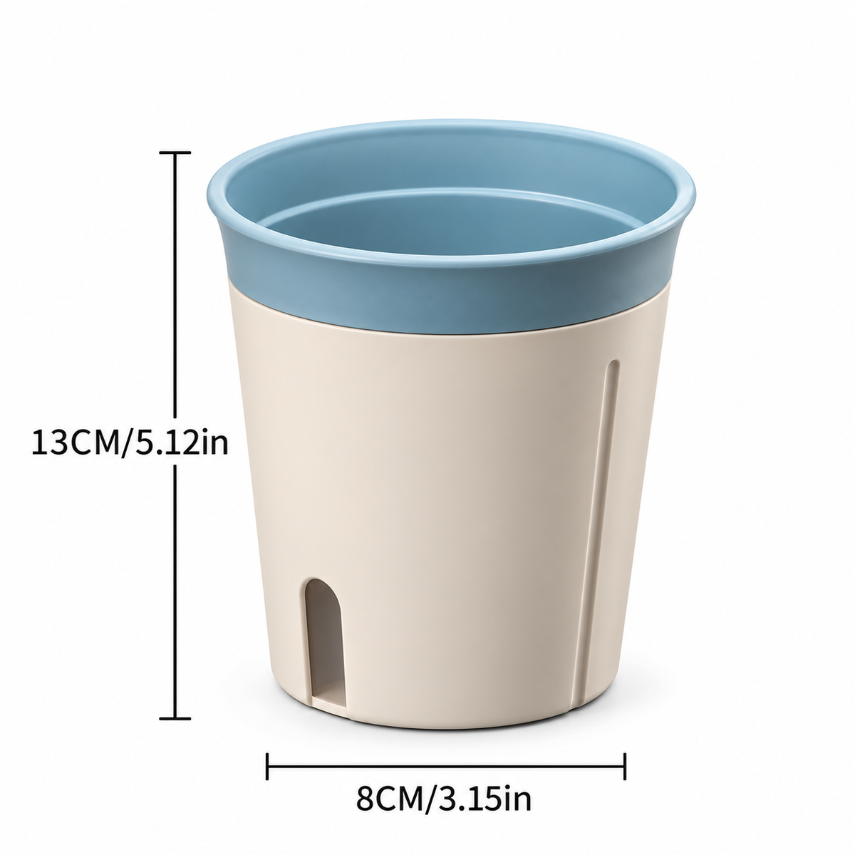 13 cm tall two-tone self-watering plant pot with cream base and removable inner pot
